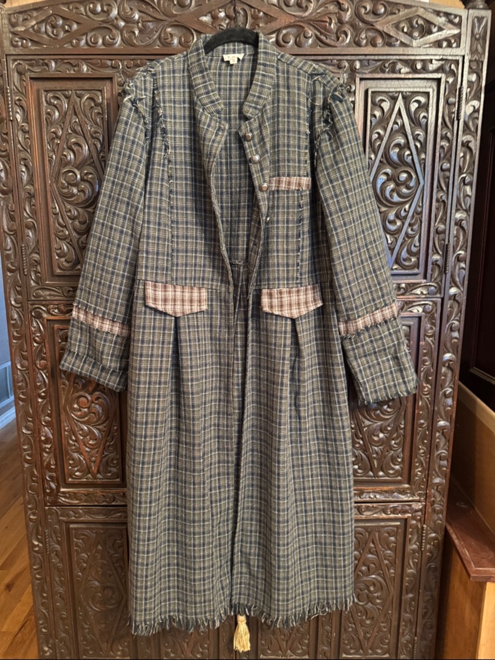 NEOT POL Plaid Coat in Navy and Brown with Collar Detail Small